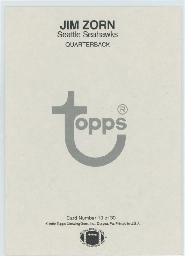 1980 Topps Jumbo Jim Zorn - Image 2