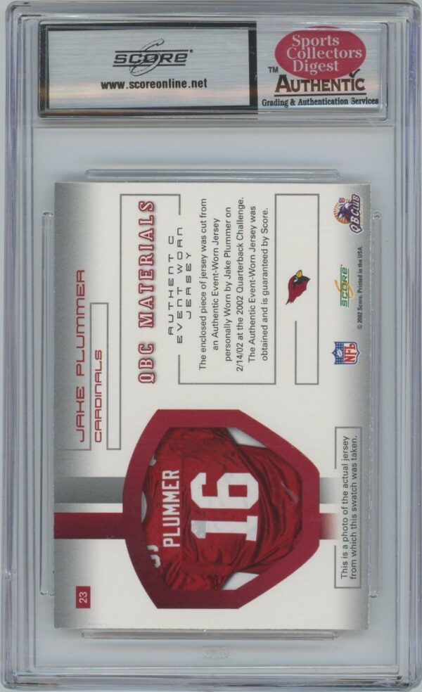 2002 Score QBC Materials Jake Plummer Patch - Image 2
