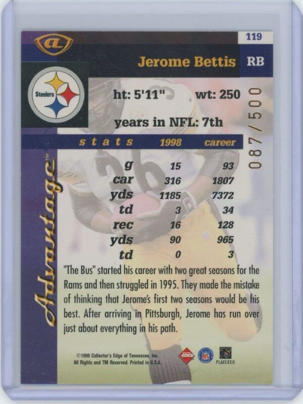 1999 Collector's Edge Galvanized Advantage Jerome Bettis - Image 2