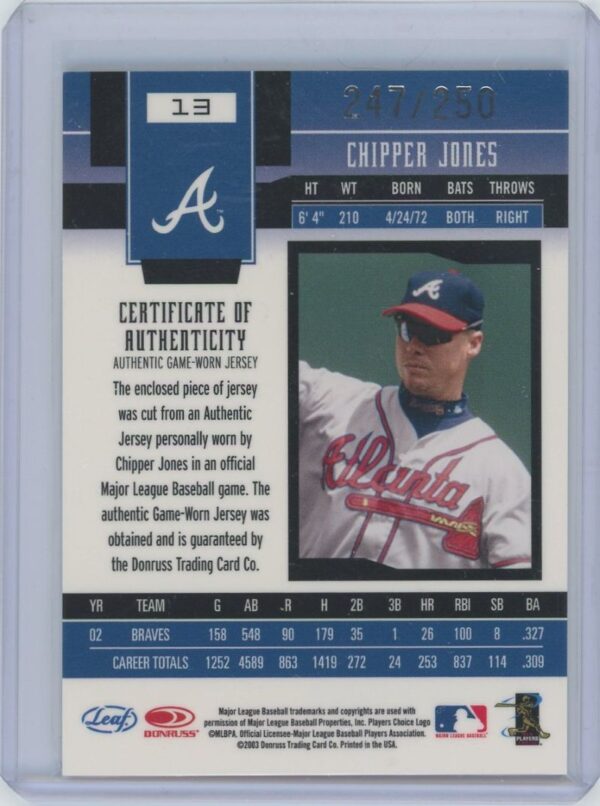 2003 Leaf Certified Materials Mirror Red Chipper Jones - Image 2