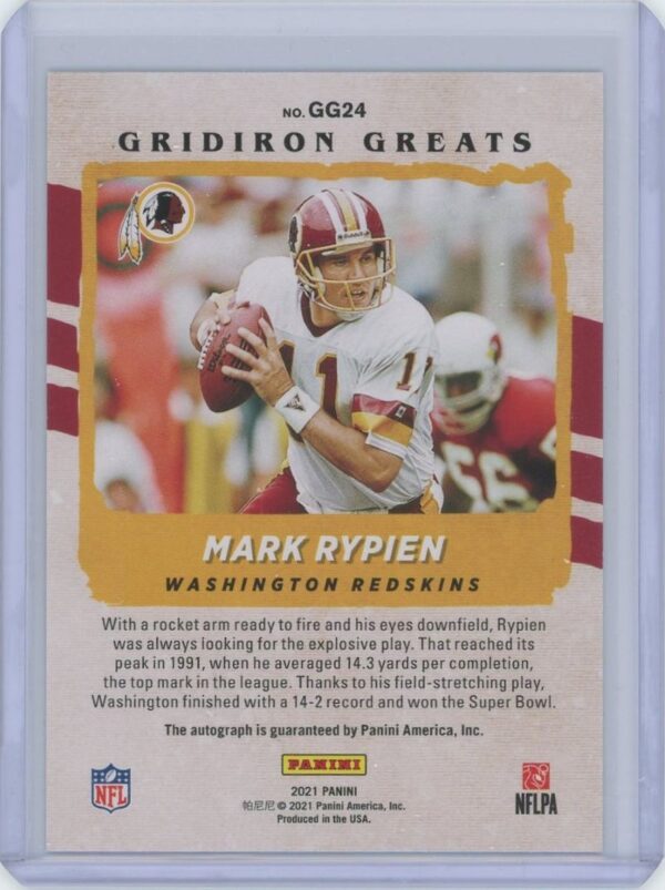 2021 Panini Mark Rypien Gridiron Greats Auto - Image 2