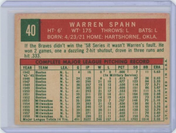 1959 Topps Warren Spahn - Image 2